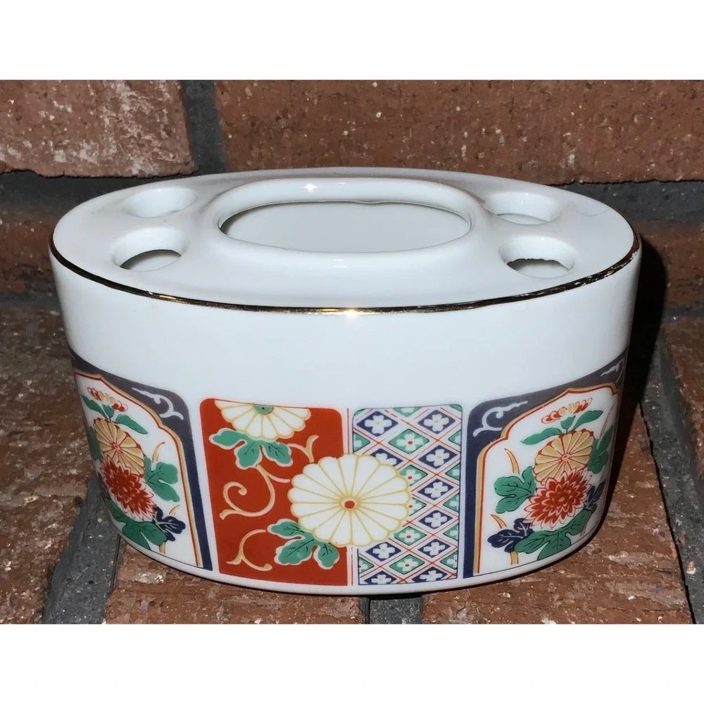 Vintage Imari Porcelain‎ Toothbrush Holder Floral Gold Trim Oval Ceramic Vanity